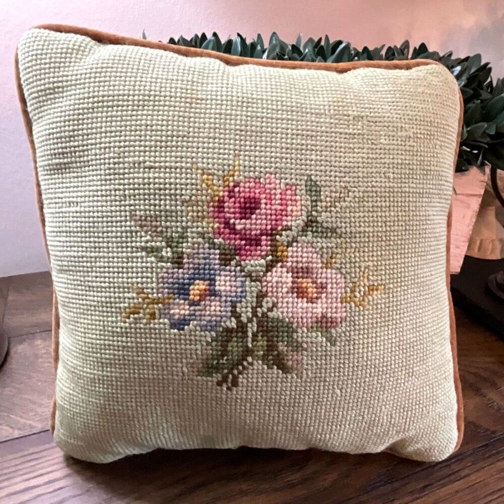 Vintage Grandmacore needlepoint pillow pale green with flowers